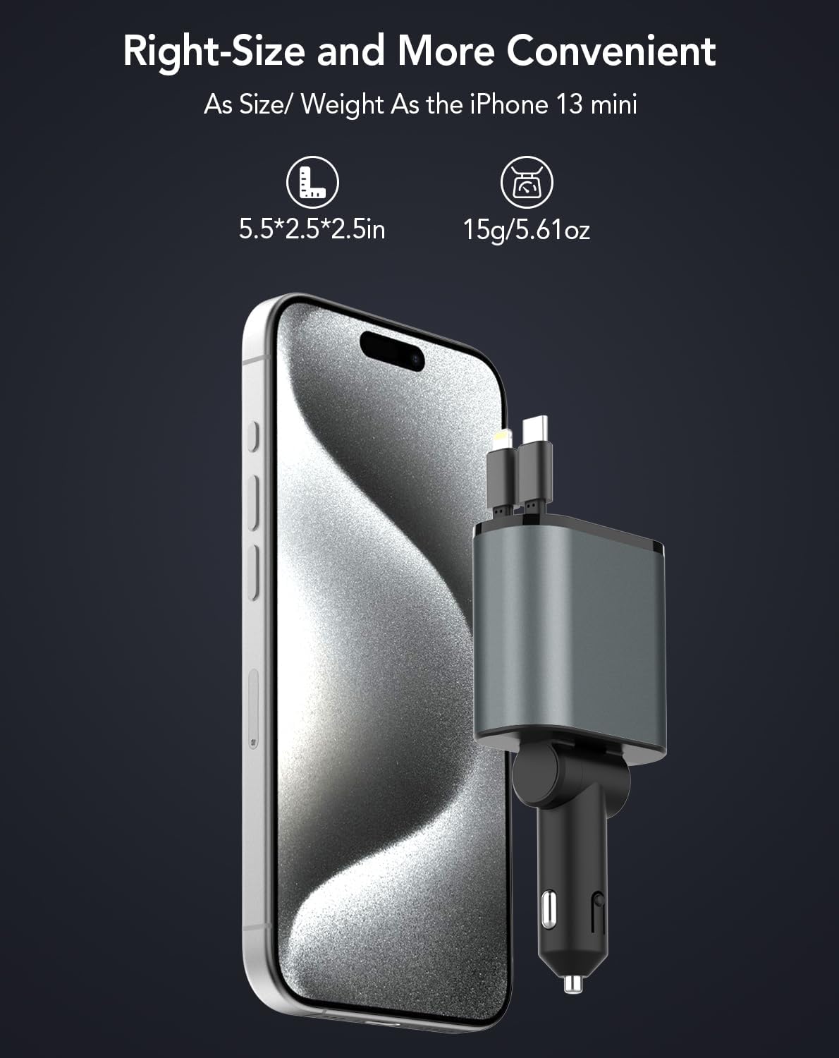 Retractable Car Charger,Car Phone Charger USB C Fast Charge,Cigarette Lighter USB Charger Car Accessories for Women,Road Trip Essentials Gift for Men,Car Charger for iPhone 17/16/15,Galaxy S26,Pixel