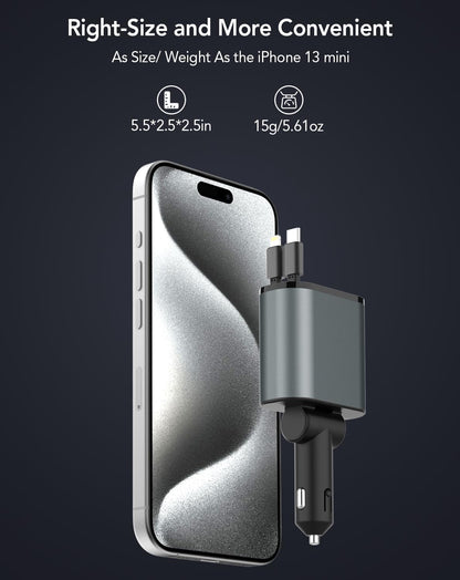 Retractable Car Charger,Car Phone Charger USB C Fast Charge,Cigarette Lighter USB Charger Car Accessories for Women,Road Trip Essentials Gift for Men,Car Charger for iPhone 17/16/15,Galaxy S26,Pixel