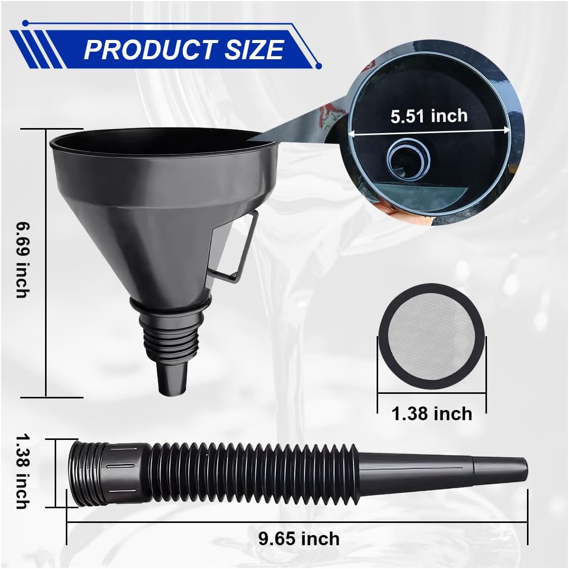 ZIMISI Wide Mouth Oil Funnel with Handle, Flexible Funnel with Hose Extension, Mesh Screen Filter, Oil Change Funnels for Automotive Use, Fits Liquid, Diesel, Kerosene, Gasoline (1PCS)