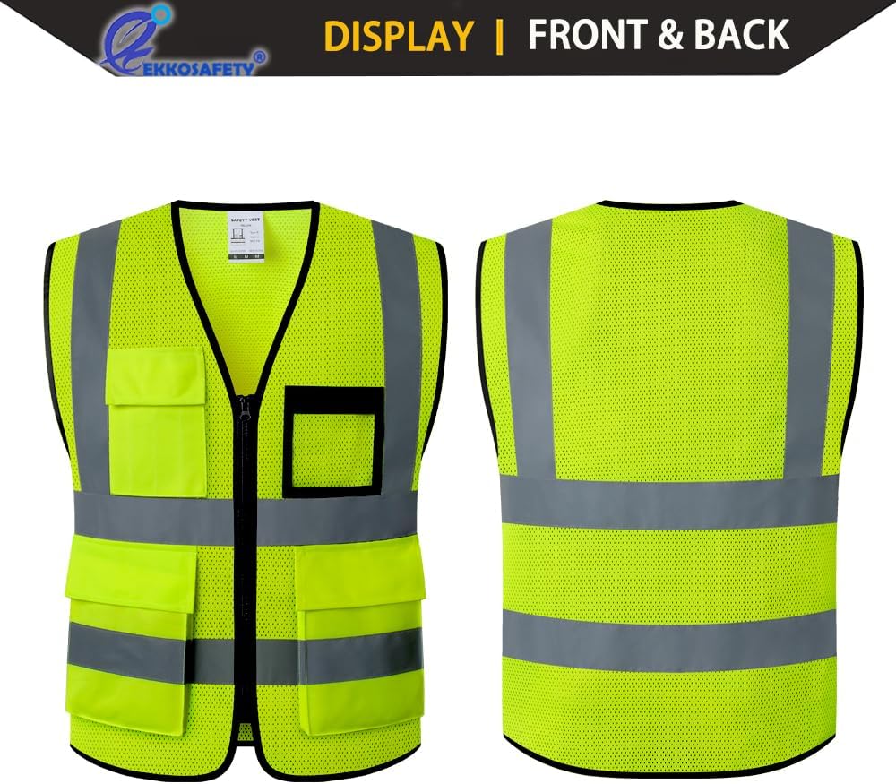 Reflective Mesh Safety Vest for Men Women with 5 Pockets and Zipper Front High Visibility Mesh Vest Hi Vis Construction Work Vest,Meets ANSI/ISEA Standards(EK175-Yellow-L)
