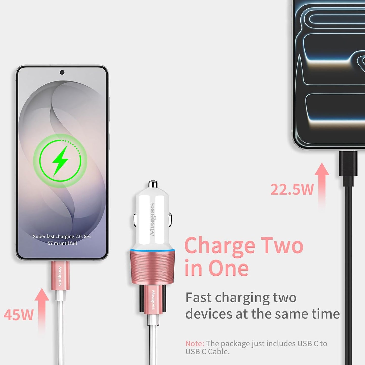 67.5W Car Charger USB C Super Fast Charging, 45W USBC & QC3.0 Port Plug for iPhone 17 Pro Max/Air/16/15/iPad, Samsung S26/S25 Android Cell Phone, Dual 12V Cigarette Lighter Adapter+ 3.3ft Type C Cable