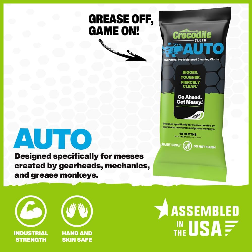 Crocodile Cloth Auto Cleaning Wipes – 100 XL (15" x 10") Disposable Wipes for Car Engine Degreasing, Body Detailing & Tire Cleaning – Cuts Grease, Oil, Adhesives on Hands, Tools, Parts & More