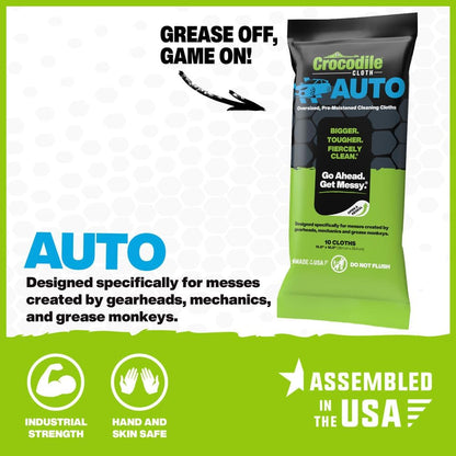 Crocodile Cloth Auto Cleaning Wipes – 100 XL (15" x 10") Disposable Wipes for Car Engine Degreasing, Body Detailing & Tire Cleaning – Cuts Grease, Oil, Adhesives on Hands, Tools, Parts & More