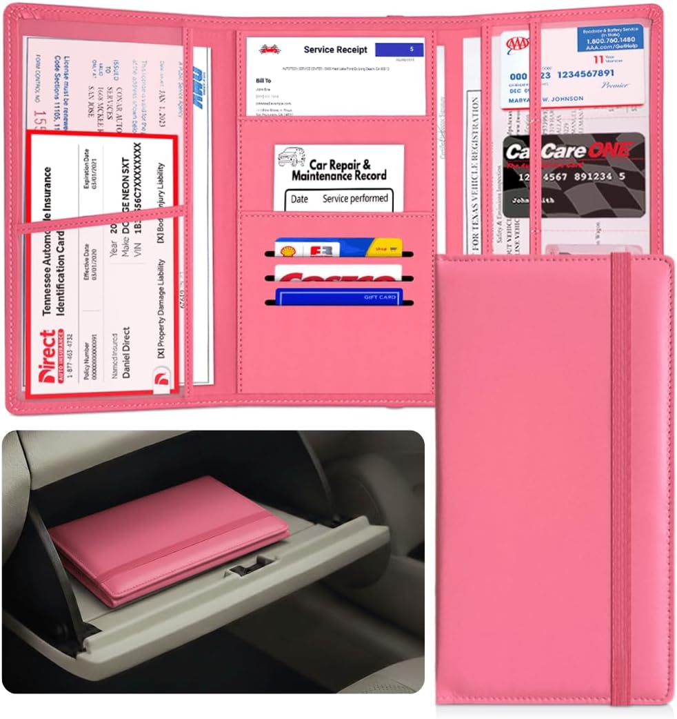LINTRU Car Registration and Insurance Holder Trifold, Oversized Fit with Reinforced Construction, Matte PU Leather Vehicle Glove Box Organizer for Documents, Car Accessories for Men and Women