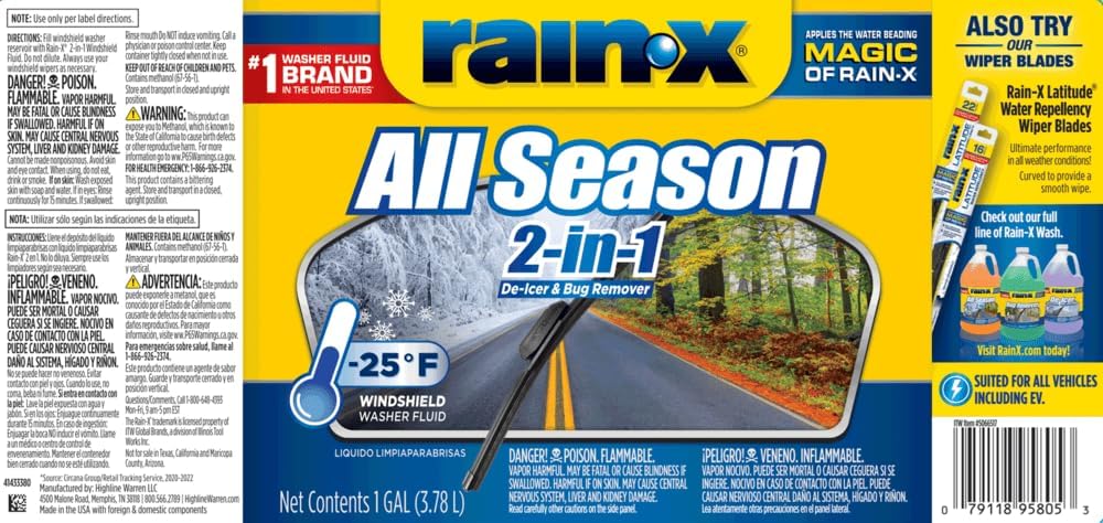 Rain-X All Season -25°F 2-in-1 De-Icer & Bug Remover Windshield Washer Fluid - 1 Gallon (Pack of 6)
