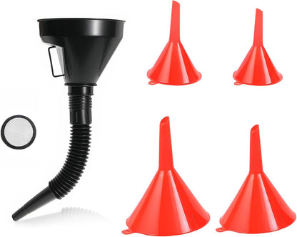 5PCS Wide Mouth Oil Funnel, Plastic Wide Mouth Flexible Fuel Funnel with Hose & Mesh Filter, Multi-Functional Large Oil Funnel Set for Filling Bottles Gas Transfer