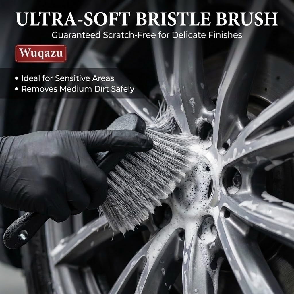 8PCS All-in-One Wheel & Tire Cleaning Kit - 360° Flexible Synthetic Wool Rim Brush, 2 Dual-Hardness Brushes, Dressing Pads & Storage Bag | Scratch-Free for All Vehicles