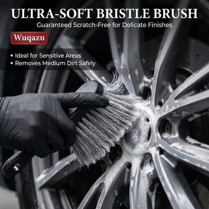 8PCS All-in-One Wheel & Tire Cleaning Kit - 360° Flexible Synthetic Wool Rim Brush, 2 Dual-Hardness Brushes, Dressing Pads & Storage Bag | Scratch-Free for All Vehicles