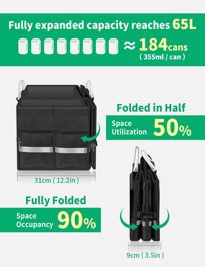 Oasser Car Trunk Organizer, 3 Compartments Collapsible Waterproof Car Organizer Storage with Foldable Cover, Reflective Strip, Non-Slip Bottom, 4 Mesh Pockets for SUV/Truck/Sedan/Camping/Road Trip