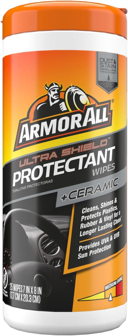 Ultra Shield Car Interior Protectant Wipes by Armor All, Car Cleaning Wipes With Armor All Protectant Prevents Dust Buildup and Enhances Color Depth, 25 Count