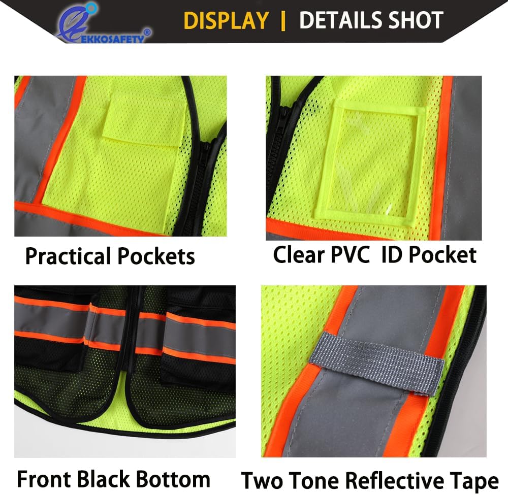 Reflective Mesh Safety Vest for Men Women with 5 Pockets and Zipper Front High Visibility Mesh Vest Hi Vis Construction Work Vest,Meets ANSI/ISEA Standards(EK175-Yellow-L)