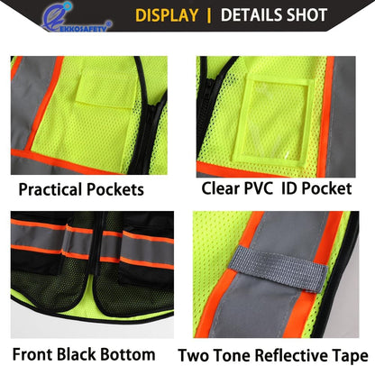 Reflective Mesh Safety Vest for Men Women with 5 Pockets and Zipper Front High Visibility Mesh Vest Hi Vis Construction Work Vest,Meets ANSI/ISEA Standards(EK175-Yellow-L)