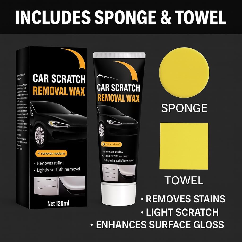 Car Scratch Removal Wax Kit - Polishing Cream with Towel & Sponge | Automotive Paint Scratch Remover & Swirl Repair | Restores Shine, Removes Marks, Protects Paint | Safe for All Car Colors