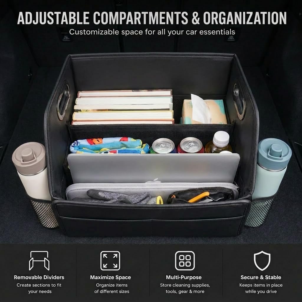Car Storage Organizer Reinforced Dividable Leather Car Caddy Basket for Front Seat Floor Back Sturdy Frosted Handle 8 Compartments Adjustable Strap Buckles Slip-Resistant (Normal)