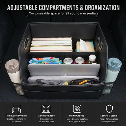 Car Storage Organizer Reinforced Dividable Leather Car Caddy Basket for Front Seat Floor Back Sturdy Frosted Handle 8 Compartments Adjustable Strap Buckles Slip-Resistant (Normal)
