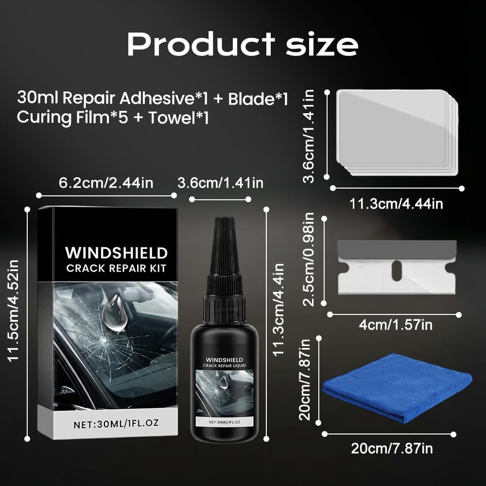Windshield Crack Repair Kit, 2026 New Advanced Formula Quick Fix with 30ml Glass Repair Liquid 1 Towel 1 Blade 5 Curing Films, Universal Cracks Gone Glass Repair Kit (1 * Black)