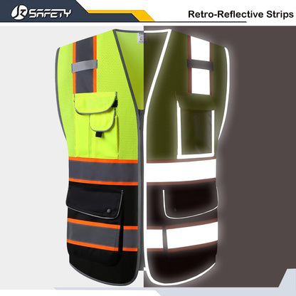 JKSafety 9 Pockets Class 2 High Visibility Zipper Front Safety Vest With Reflective Strips,Meets ANSI/ISEA Standard (Large, 150-Yellow) - Colors B