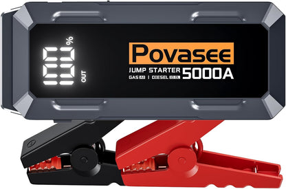 Povasee Jump Starter 5000A Car Jumper Starter, Model A30 12V Jump Box for Car Battery up to 10L Gas or 8L Diesel Engine Battery Jumper Starter Portable with Power Bank/Dual Output/LED Light