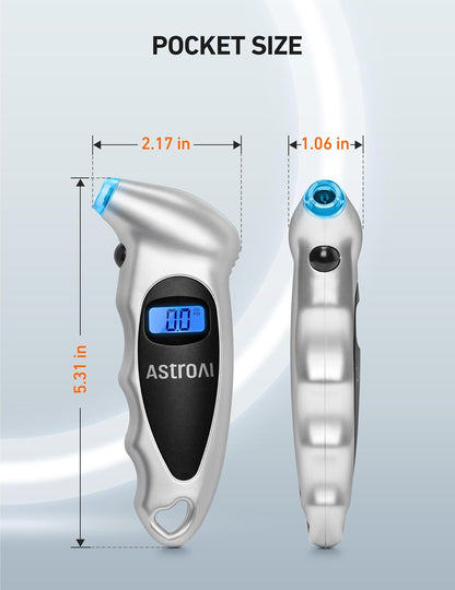 AstroAI Digital Tire Pressure Gauge 0-150PSI Calibrated to ANSI B40.7 +/-1PSI, 4 Units for Car Truck with Backlight LCD, Silver, 2Pack