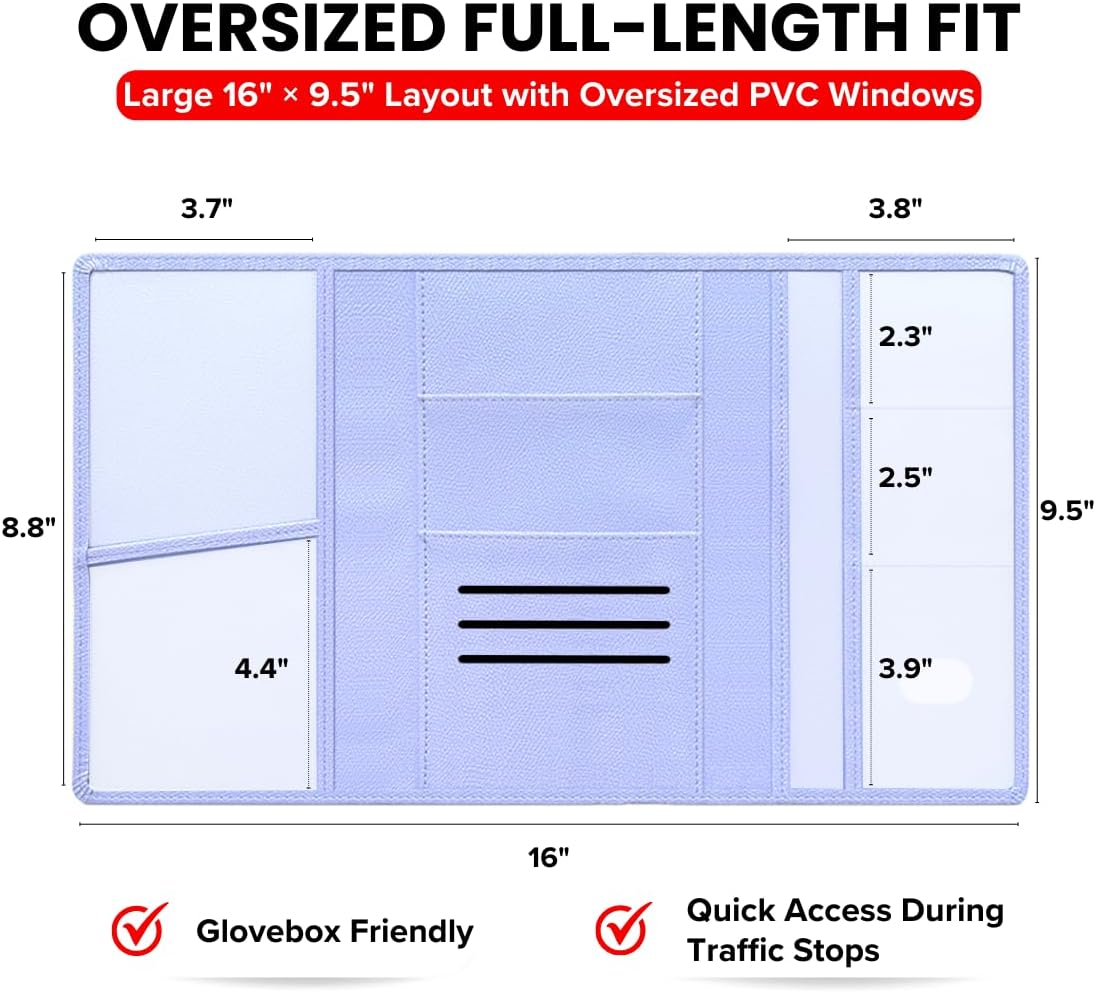 LINTRU Car Registration and Insurance Holder Trifold, Oversized Fit with Reinforced Construction, Matte PU Leather Vehicle Glove Box Organizer for Documents, Car Accessories for Men and Women