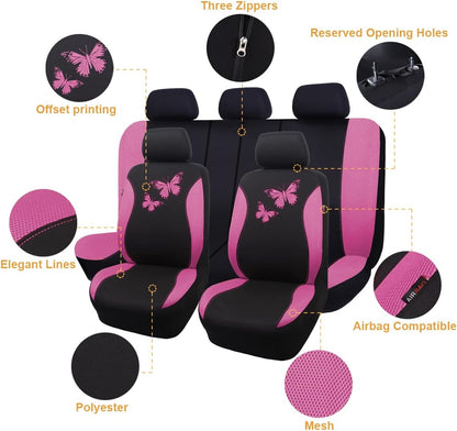 Flying Banner Butterfly car seat Covers ful Set Fashion Universal Lady Woman Female Rear Bench Split Colorized (Pink, 2 Fronts - Lace)
