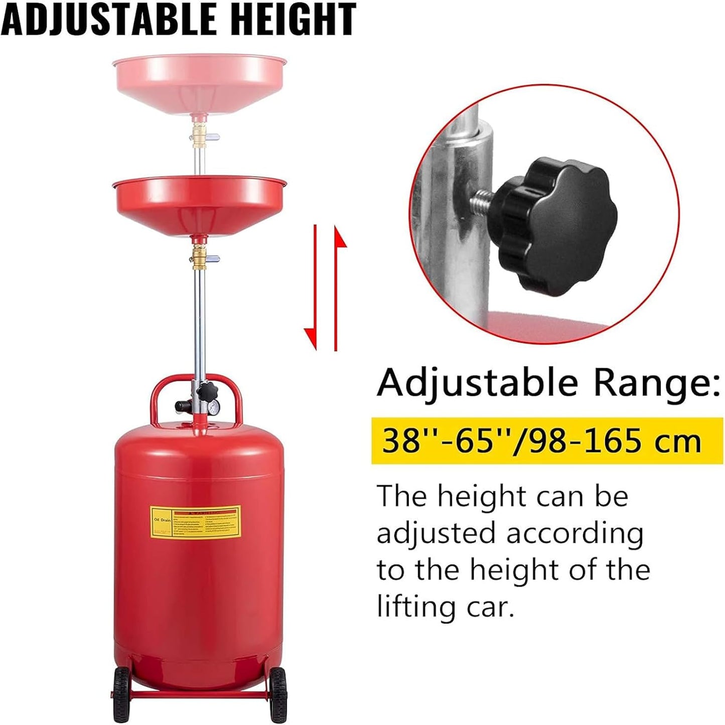 VEVOR Oil Drain Container, 20 Gallon Waste Oil Drain Tank, Portable Oil Lift Drain Pan Air Operated Drainer, Fluid Fuel Drainage Adjustable Funnel Height with Pressure Regulating Valve & Wheel