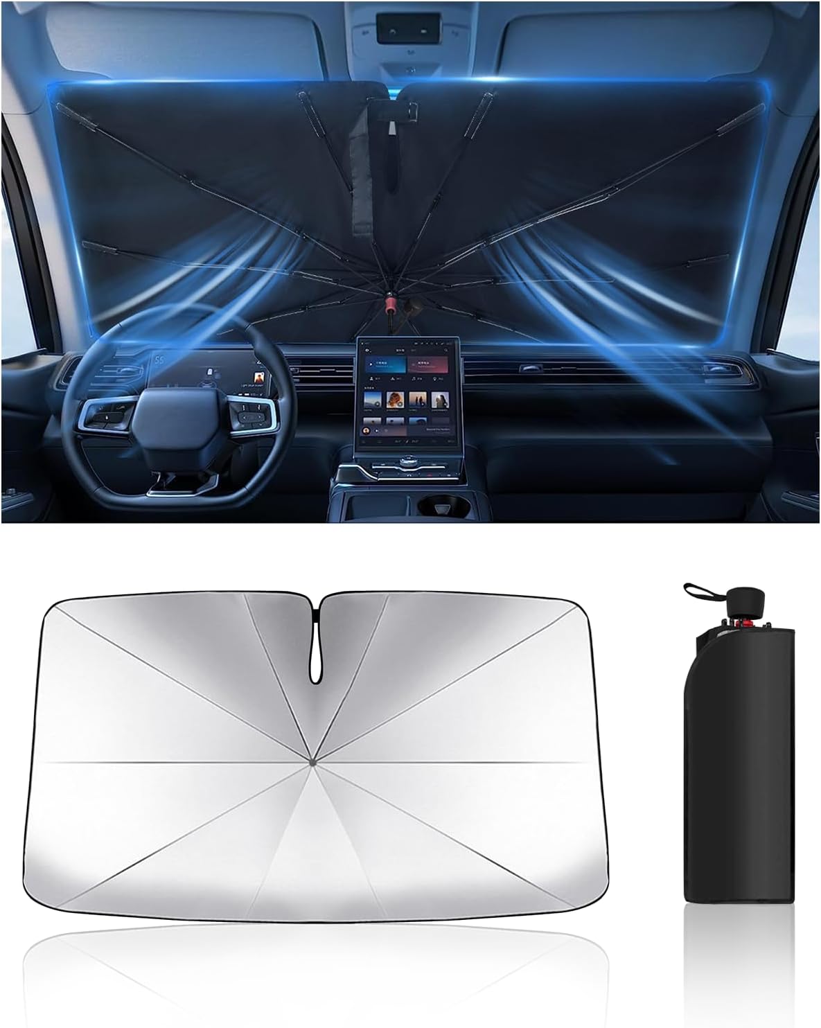 Windshield Sun Shade Umbrella for Car, Foldable Car Windshield Sunshade UV Block Heat Insulation, Fits Sedan SUV Truck, Compatible with Camry Accord Civic CRV Model Y Ideal Gifts for Men & Women