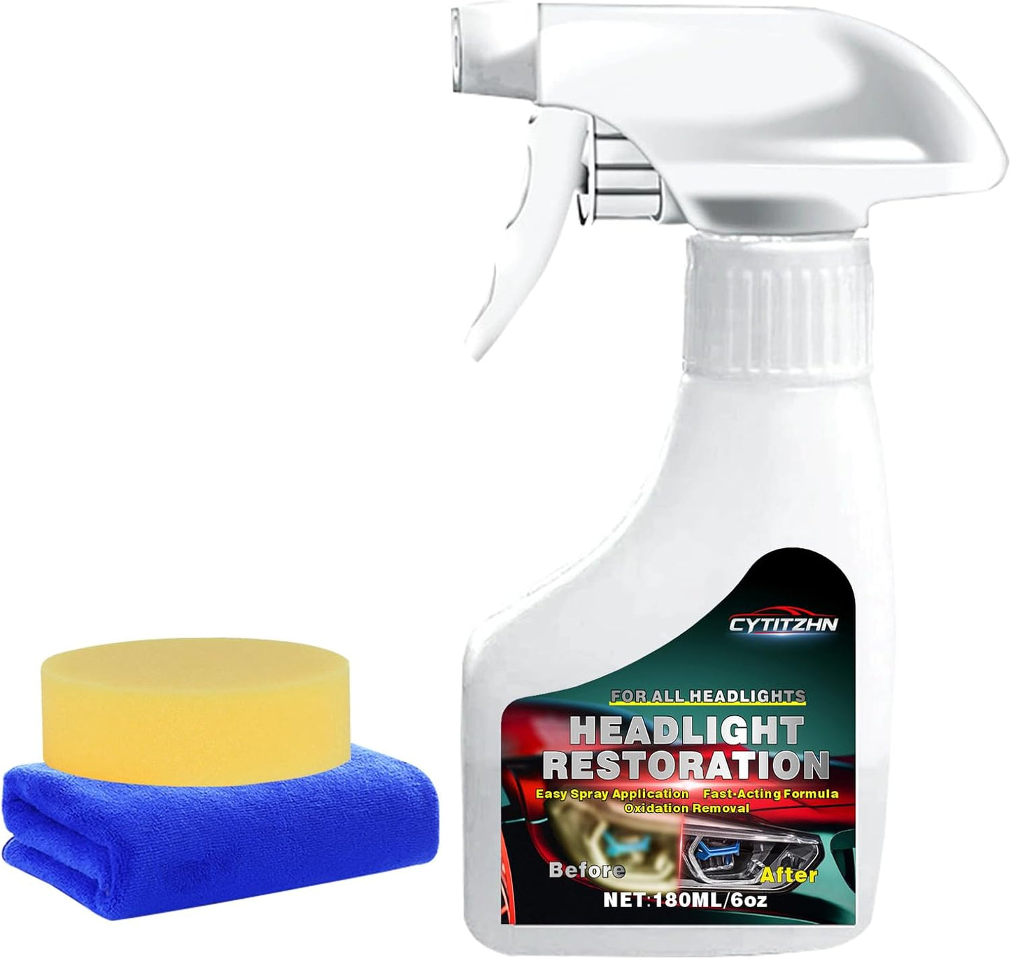 Headlight Restoration Cleaner – Instant Removal of Oxidation, Yellowing & Stains, Restores Cloudy Headlamps to Like New Condition, Portable Spray for All Cars –180ml/6.8oz