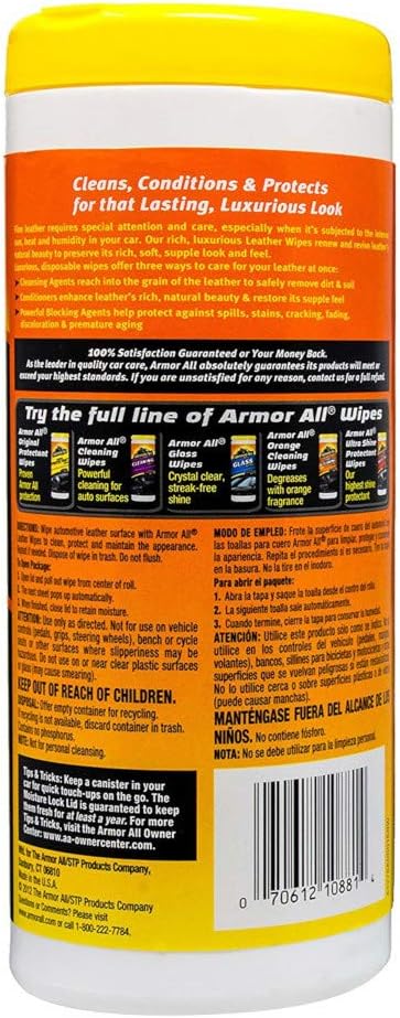 Armor All Interior Cleaner Car Leather Wipes by , For Cleaning Cars, Trucks and Motorcycles, 20 Count