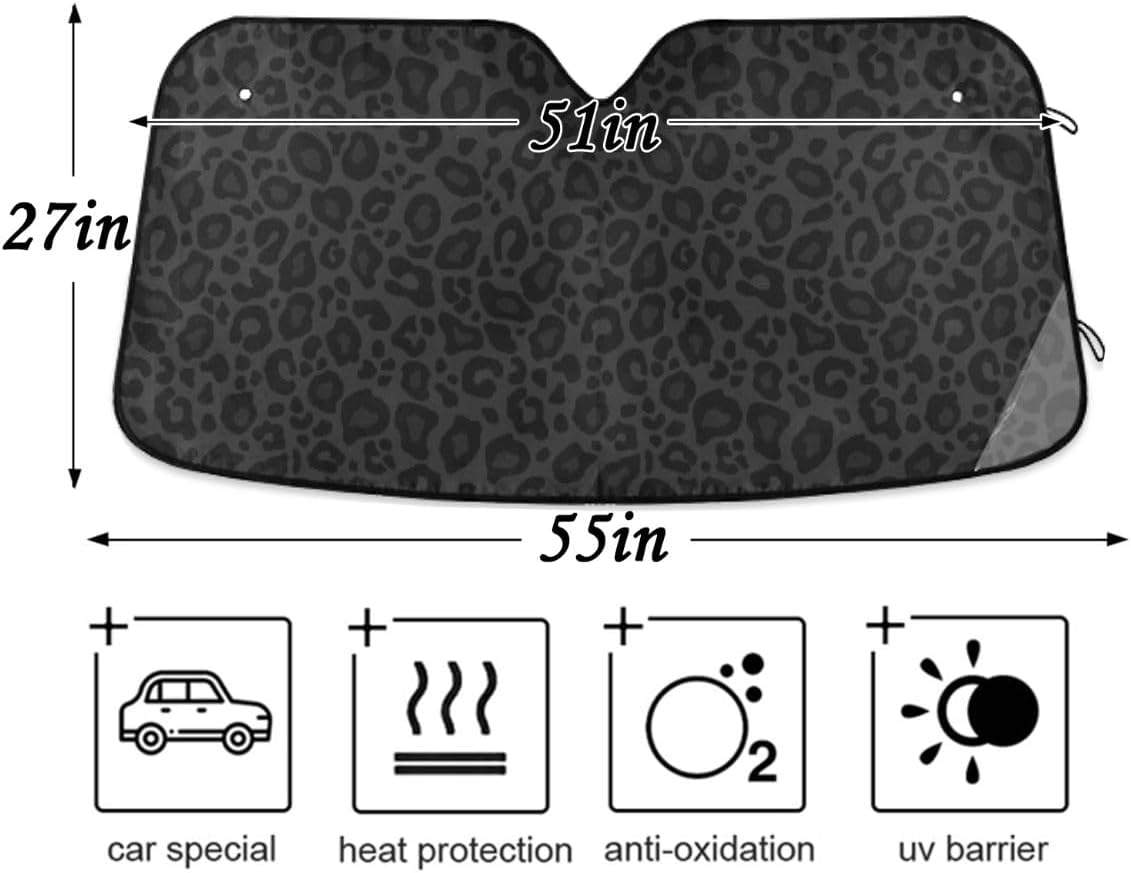 Black Leopard Car Windshield Sun Shade Animal Skin Print Foldable UV Ray Sun Visor Protector Sunshade to Keep Your Vehicle Cool (51" x 27.6")