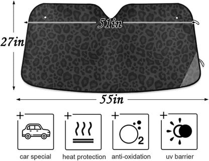 Black Leopard Car Windshield Sun Shade Animal Skin Print Foldable UV Ray Sun Visor Protector Sunshade to Keep Your Vehicle Cool (51" x 27.6")