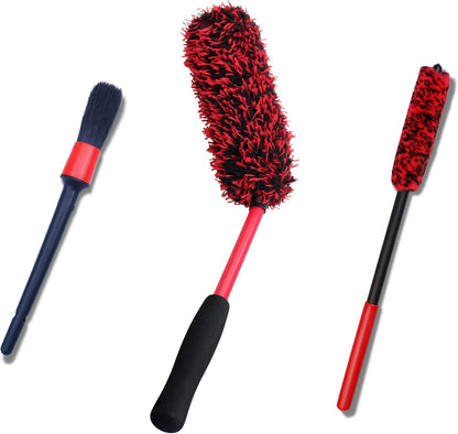 oesee Professional 4 Pack Long Handle Wheel Brush Kit for Cleaning Wheel and Tire- 2X Soft Wheel Cleaning Brush, Detailing Brush and Stiff Tire Brush, Bendable& Durable Wheel Rim Cleaner Brush Set