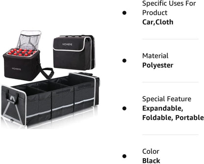 Homeve Car Trunk Organizer for SUV, 18.5Gal Large Capacity No-Sag Heavy Duty, Foldable Waterproof Anti-Slip Storage with 12 Pockets, Fit Sedan,Truck, Universal Car Accessories, Black, Large, 2 Compart