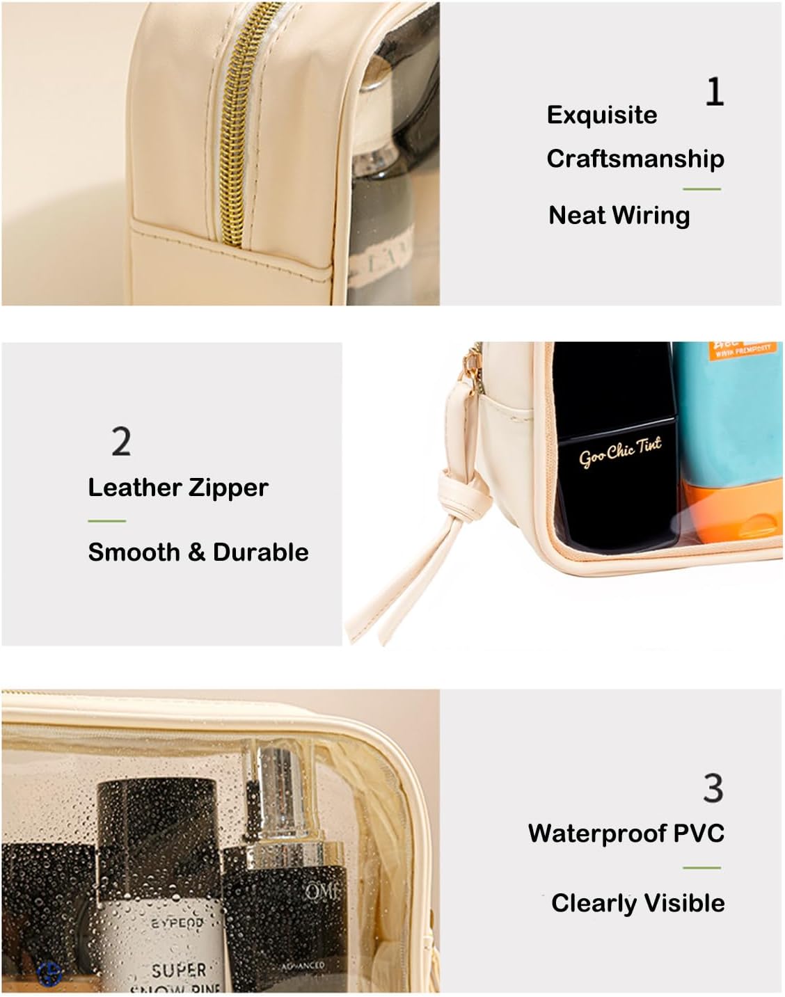 3Pcs Travel Clear Makeup Bag Set for Women, Transparent Toiletry Bag with Zipper Portable Makeup Pouch Organizer Waterproof Small Cosmetic Bag Compact Car Bag Organizer Car Accessories (White Set)