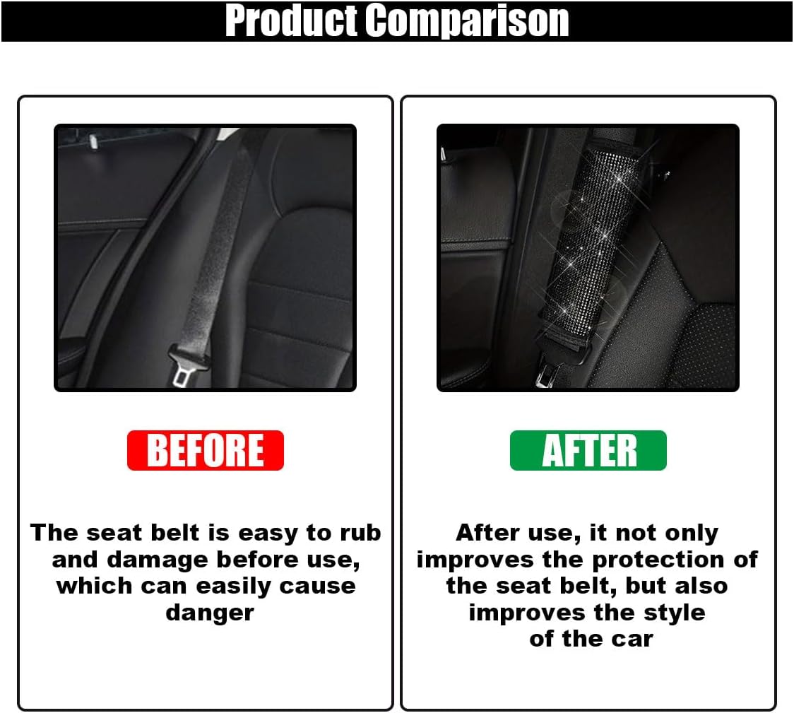 GLSOWEE 2PCS Bling Car Seat Belt Shoulder Pads, Bling Rhinestones Seat Belt Covers for Women, Car Seatbelt Strap Pad with Crystal Diamond, Car Interior Accessories for Car SUV (Black Diamond)