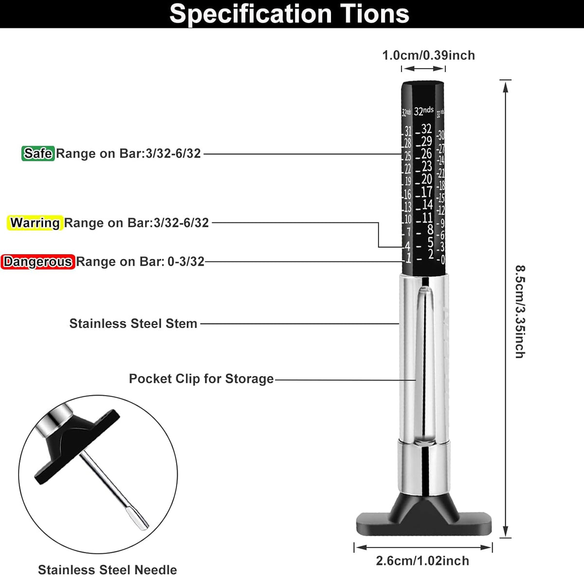 GODESON Tire Tread Depth Gauge, Tire Depth Gauge 32nds, Professional Tire Tread Gauge Tools, Accurate Measurement Tread Depth Metric Gauges for Motorcycle, School Bus, SUV Most Vehicle（Black）
