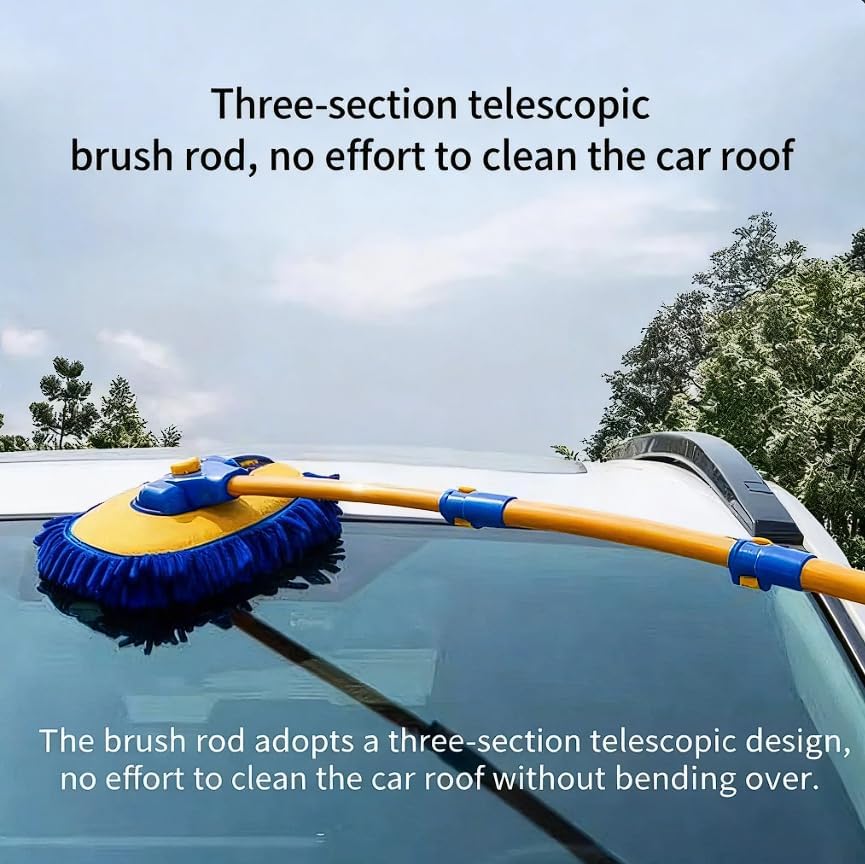 57'' Car Wash Brush with Long Handle Chenille Microfiber Car Wash Kit， Mitt Retractable Bent Pole Car Wash Brush for Cars RV Truck Boat (Yellow)