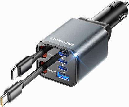 Retractable Car Charger, SUPERONE 99W Car Phone Charger with Cables Fast Charging, USB C Car Charger Adapter for iPhone 17 16 15 14 13 12, Samsung, Black
