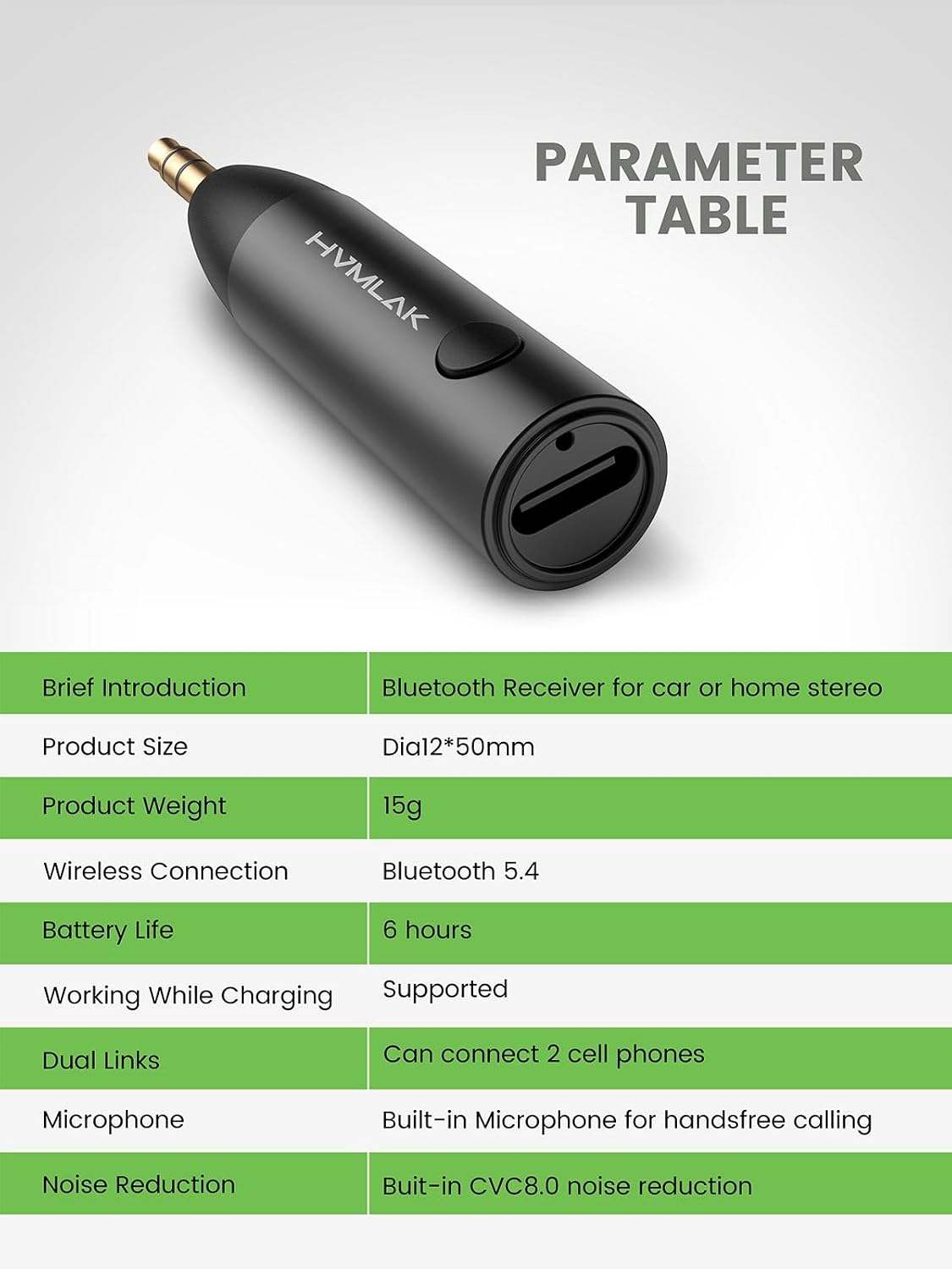 HVMLAK Bluetooth 5.4 Car Aux Adapter with Enhanced Microphone, 3.5mm Jack for Car Home Stereo, USB-C Charging, Sturdy Case, 1 Piece