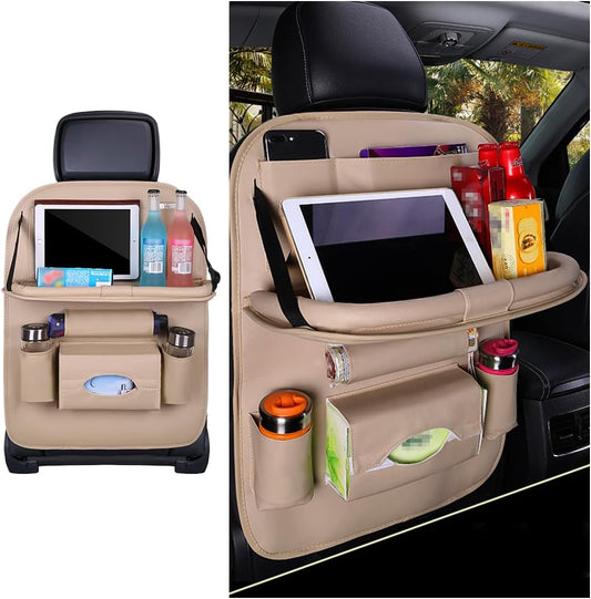 Car Seat Back Organizer, Leather Vehicle Seatback Storage Pocket with Foldable Table Tray, Multifunctional Automotive Backseat Protectors Kick Mats Accessories, Universal Fit (Brown)