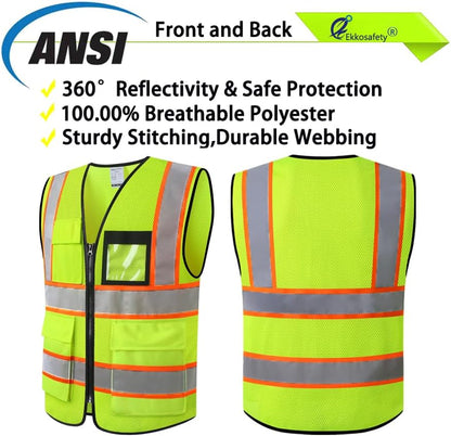 Reflective Mesh Safety Vest for Men Women with 5 Pockets and Zipper Front High Visibility Mesh Vest Hi Vis Construction Work Vest,Meets ANSI/ISEA Standards(EK175-Yellow-L)