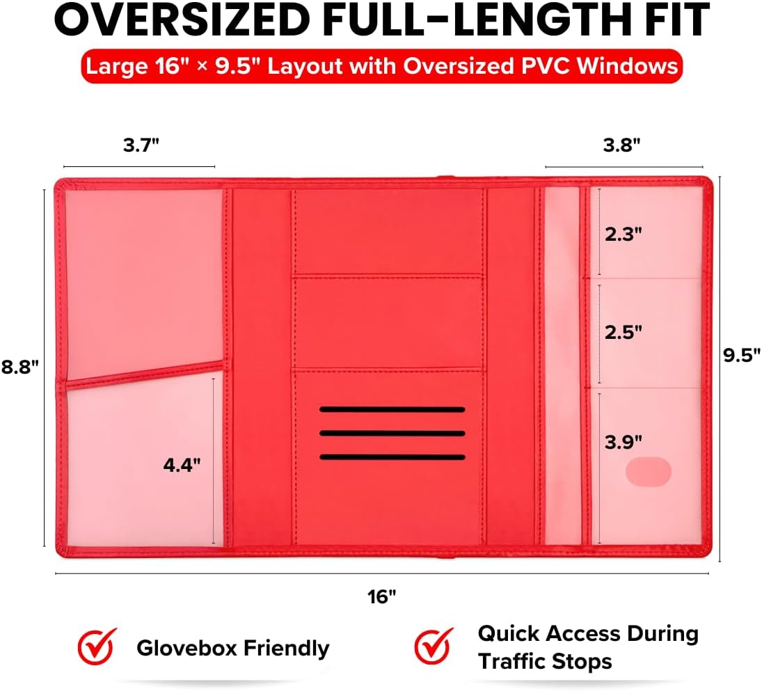 LINTRU Car Registration and Insurance Holder Trifold, Oversized Fit with Reinforced Construction, Matte PU Leather Vehicle Glove Box Organizer for Documents, Car Accessories for Men and Women