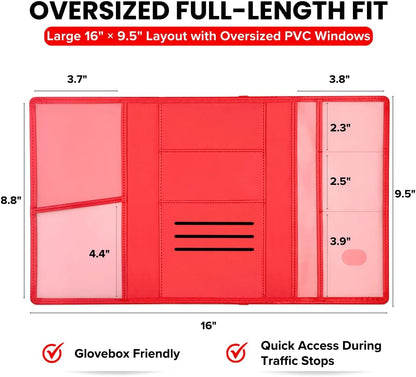 LINTRU Car Registration and Insurance Holder Trifold, Oversized Fit with Reinforced Construction, Matte PU Leather Vehicle Glove Box Organizer for Documents, Car Accessories for Men and Women