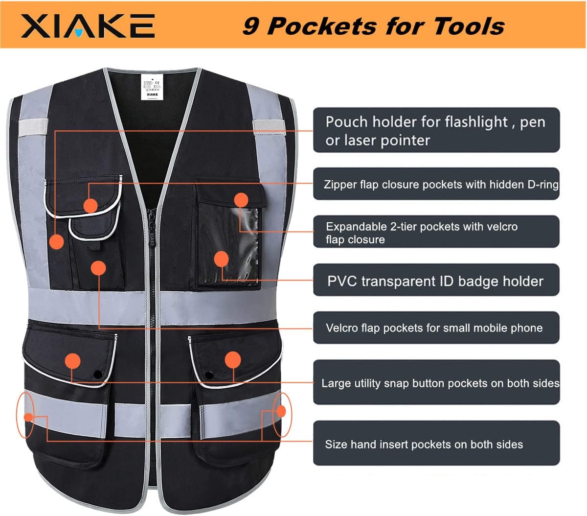 XIAKE 9 Pockets Class 2 High Visibility Reflective Safety Vest for Men Women,Meets ANSI/ISEA Standard