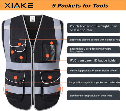 XIAKE 9 Pockets Class 2 High Visibility Reflective Safety Vest for Men Women,Meets ANSI/ISEA Standard