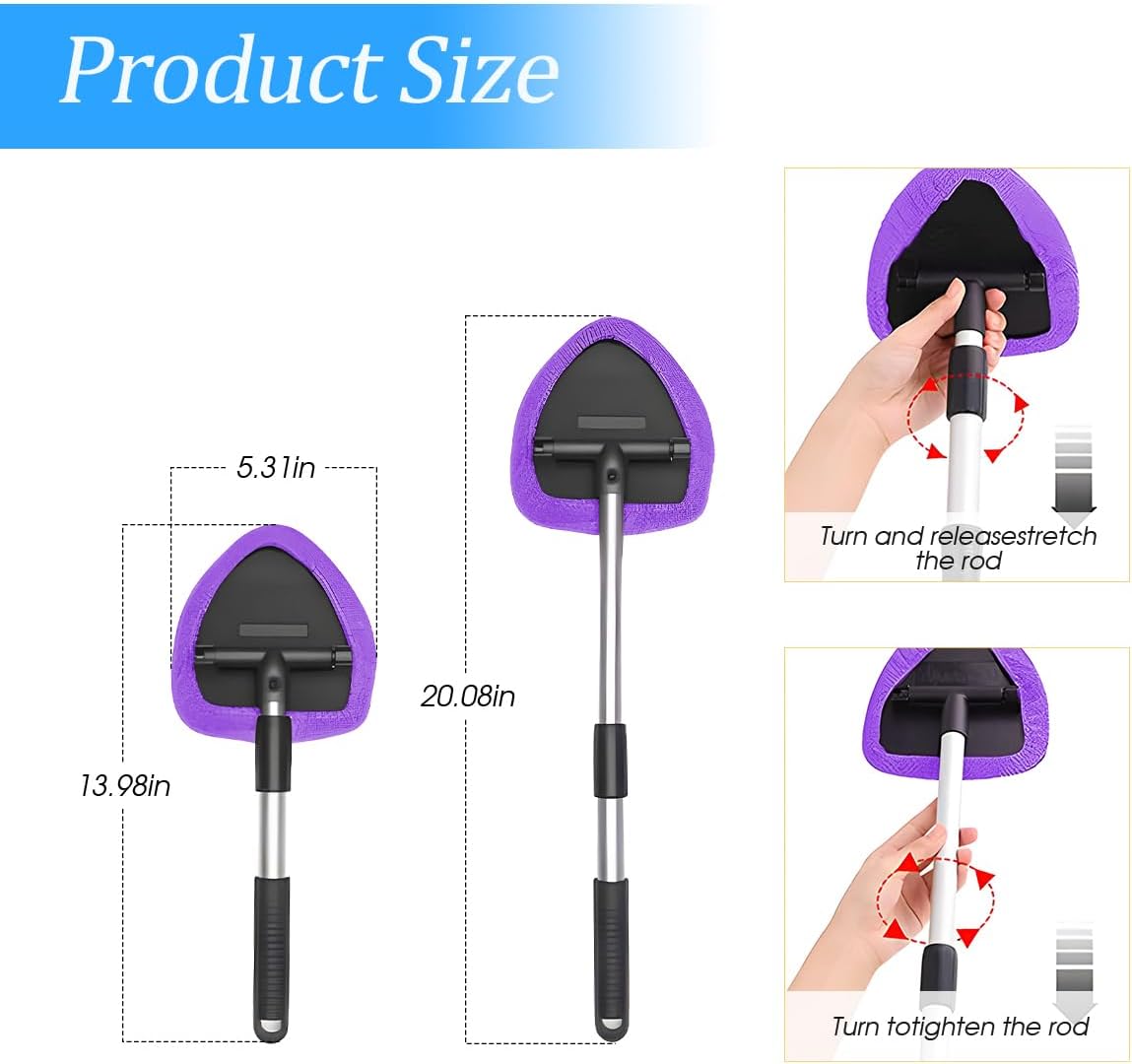 Windshield Cleaning Tool, Car Window Cleaner with Extendable Long Handle and 4 Washable Reusable Microfiber Pads, Auto Interior Exterior Glass Wiper Cleaning Kit Universal for Office and Home (Blue)