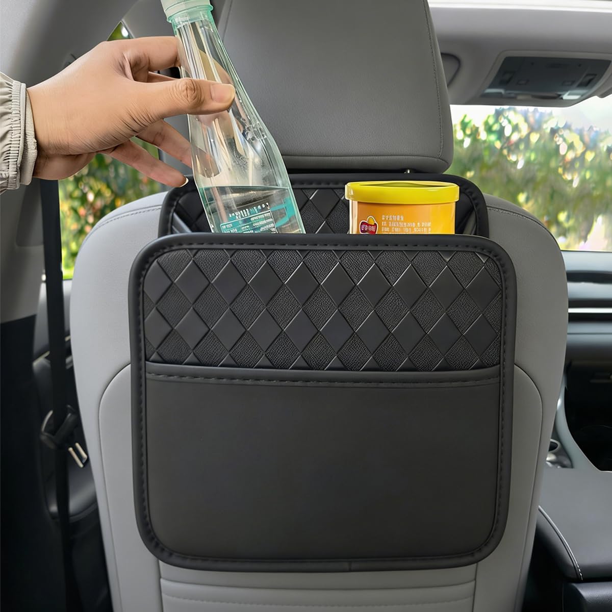 Mandark Car Seat Back Organizer, PU Leather Vehicle Backseat Hanging Storage Pocket, Multipurpose Auto Travel Essentials Accessories for Kids & Adults, Universal for Most Cars (Black)