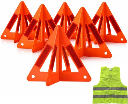 Safety Triangles for Vehicles, 6 Set Emergency Warning Reflective Triangles, Modular Two-Piece Design, High Visibility Roadside Safety Triangles for Car, Truck, SUV