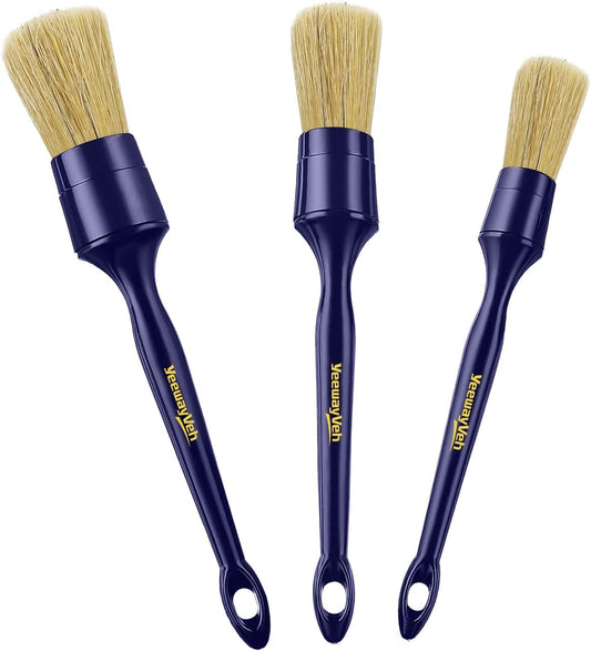 YeewayVeh Car Detailing Brush Set, 3 Pack Ultra Soft Boars Hair Detailing Brushes for Leather Seat Air Vents Engine Bay, Auto Detail Brushes Car Detailing for Interior Exterior, Indigo