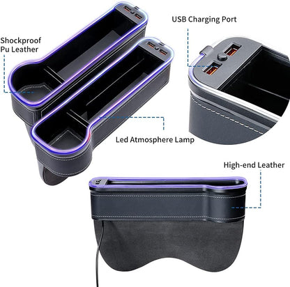 2 Pack Car Seat Gap Organizer,Multifunctional Seat Gap Storage Box with USB Fast Charger, Car Seat Pockets with Led Light, Car Seat Gap Filler with Cup Holder (Black)